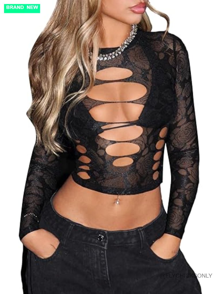 Women's Y2k Cut Out Floral Mesh Long Sleeve Sheer Crop Tee